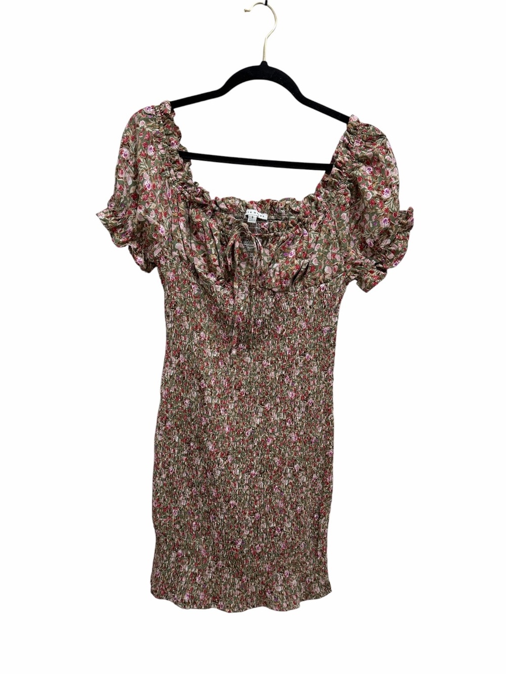 Women's Floral Smocked Puff Sleeve Dress- Olive Pink